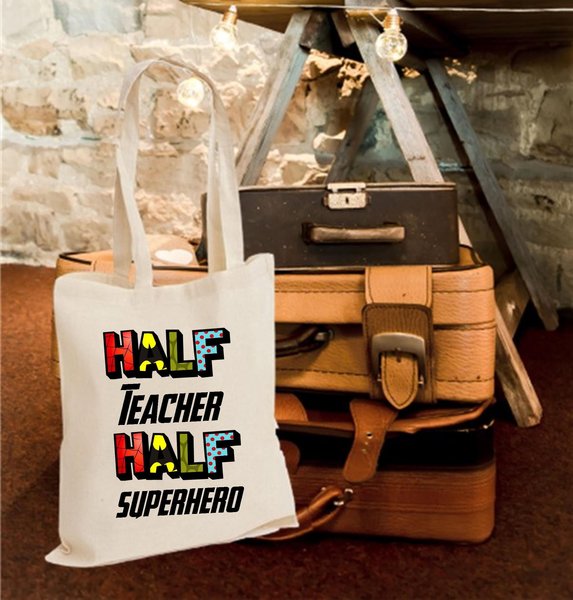 Half Teacher Half Superhero Thank You Tote Bag Personalised Personalized!Thank You Teacher, Teaching Assistant, Support Staff Gift Present