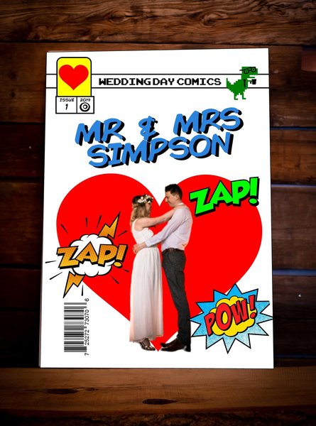 Superhero Couple Wedding Board Engagement Anniversary Comic Sign Party Display Board Personalised Personalized Comic Book Front Cover Retro