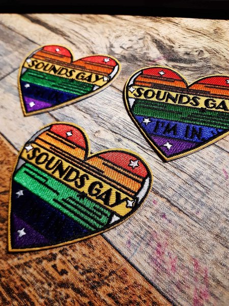 Rainbow Heart Badge Patch "Sounds Gay, I'm In." Wedding Love Heart Favors Favour Mr and Mrs, Mr and Mr, Mrs and Mrs Party Bags Pins Pride