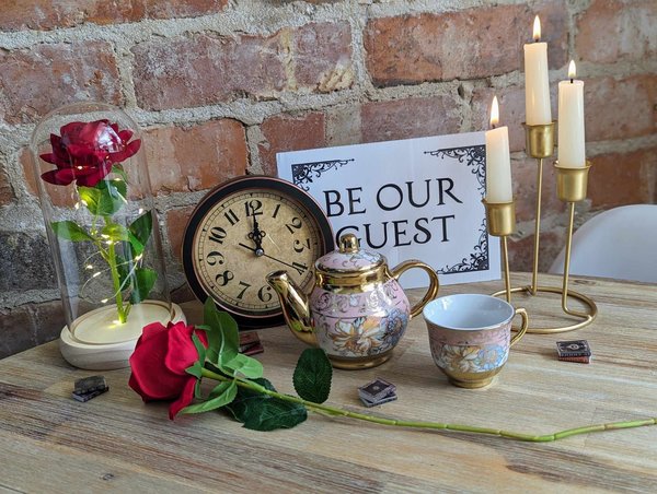 Beauty and the Beast Centrepiece Clock, Gold Candelabra,Teapot,Tea Cup,Rose Dome, Single Rose,Sign,Books Fairytale Wedding Decoration French