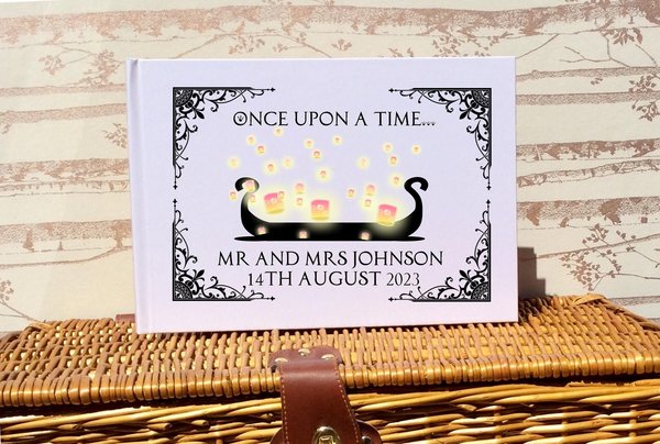 Rapunzel Floating Lanterns and Boat Wedding Guestbook Personalised Personalized Fairytale Weddings Scrapbook Album Wedding Planner White