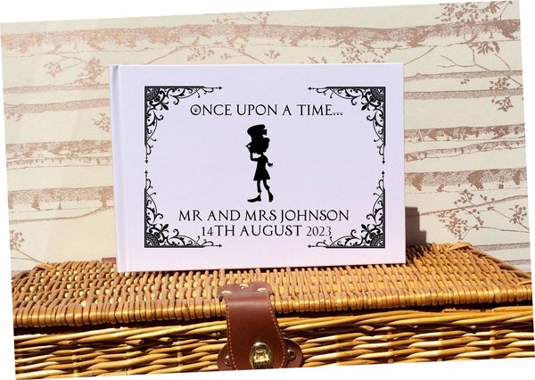 Mad Hatter Alice Wonderland Wedding Guestbook Silhouette Personalised Personalized Perfect for Wonderland and Fairytale Weddings White