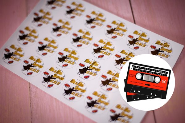 Cassette Tape 100 x Stickers Self adhesive Personalised Personalized Custom Labels Stickers Jars, Candles, Craft, Wedding, Music Party