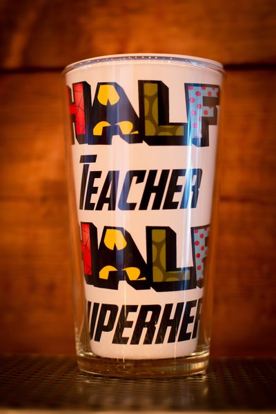 Half Superhero Teacher Beer Glass Perfect gifts for weddings, birthdays, wedding party presents, personalized personalised gifts, barware