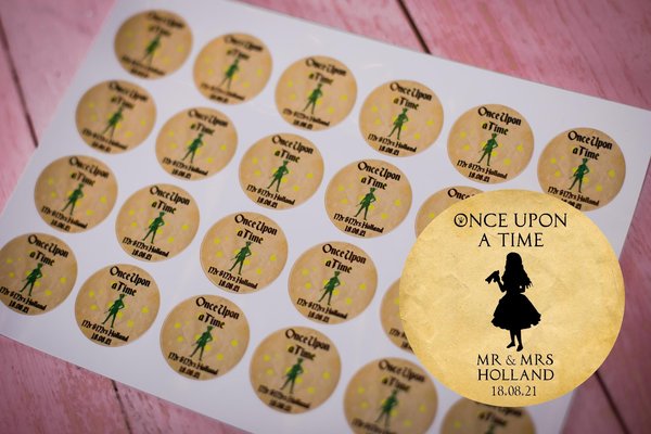 Alice in Wonderland 100 x Stickers Self adhesive Personalised Personalized Custom Labels Stickers Jars, Candles, Craft, Wedding, Logo Black