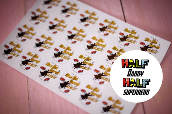 Half Superhero Half Daddy 100 x Stickers Self adhesive Personalised Personalized Custom Labels Stickers Jars, Candles, Craft, Wedding, Logo