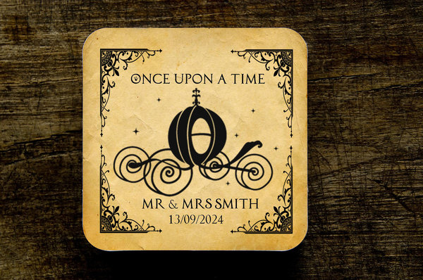 Cinderella Carriage Fairytale Wedding Coasters Favours Favors Personalized Personalised Engagement Anniversary Birthday Gift Present Black