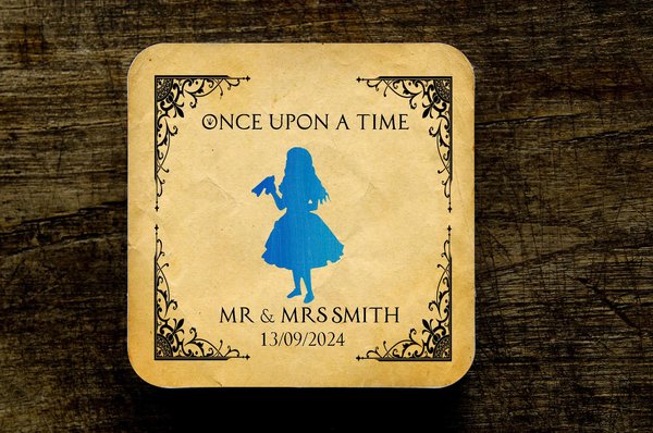 Alice in Wonderland Fairytale Wedding Coasters Favours Favors Personalized Personalised Engagement Anniversary Birthday Gift Present Color