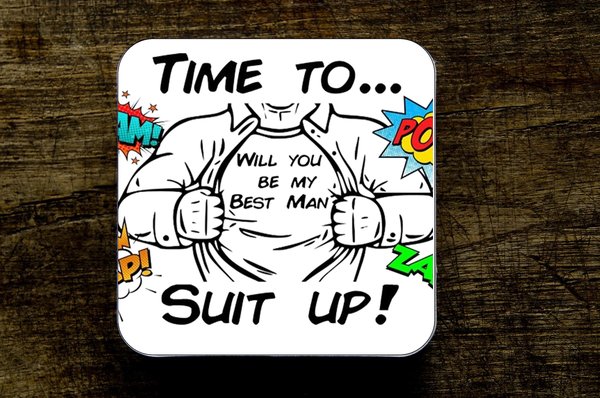 SUIT UP Wedding Coaster Personalised Personalized!Will You Be My Best Man,Groomsman,Usher,Paige Boy?Superhero Wedding,Wedding Party Gift