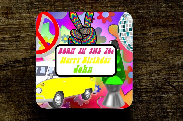Born in the 70s Decades Birthday Coaster Personalised Personalized!Big Birthday Keepsake Nostalgia, Retro,Beer,Coffee, Tea Custom Coaster
