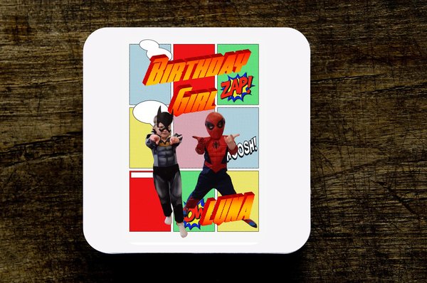 Kids Comic Coaster Personalised Personalized Comic Book Birthday Party Superheroes Gift Favours Favors Party Bags Present Children's Party