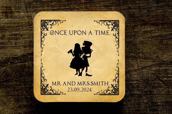 Alice and Hatter Black Fairytale Wedding Coasters Favours Favors Personalized Personalised Engagement Anniversary Birthday Gift Present