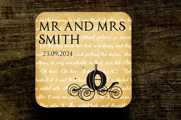 Cinderella Carriage Stroybook Wedding Coasters Favours Favors Personalized Personalised Engagement Anniversary Birthday Gift Present Black