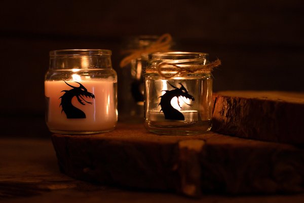 Dragon Silhouette Candles Small, Medium, Bell Jar, Wax Fill Perfect for Castle and Barn Wedding, Favours, Favors, Gift Wrapped in Rustic Box